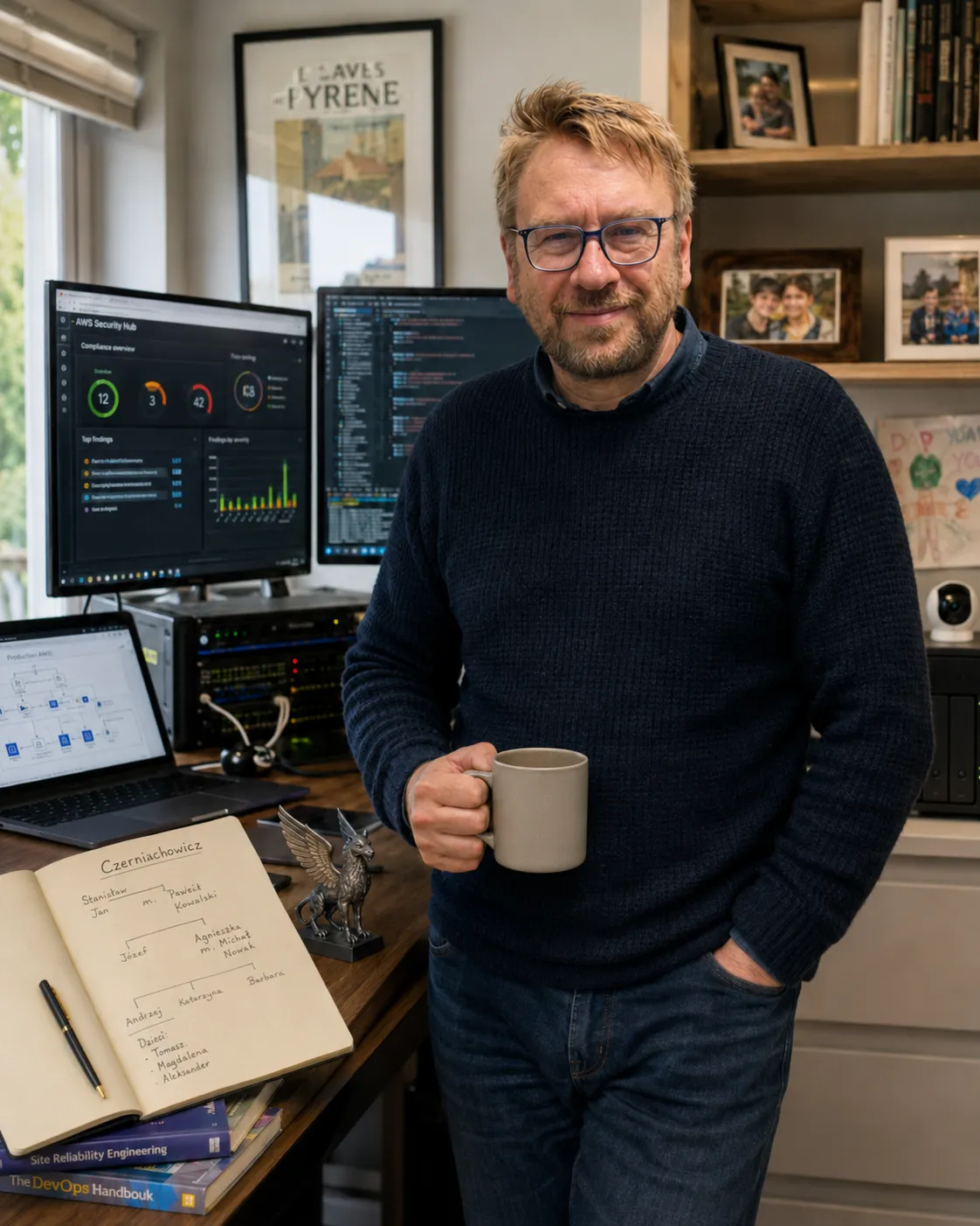 A portrait of Andrew Czerniachowicz in his study, standing with a coffee mug, the family tree open in a notebook on the desk beside an Oksza-eagle figurine.