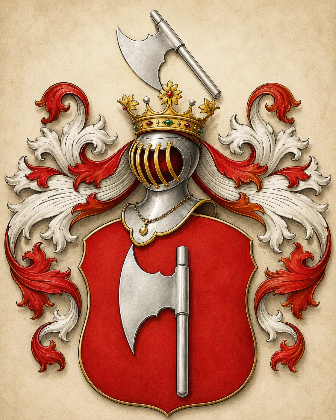 The Oksza coat of arms: a silver battle-axe with a golden haft on a red shield, the axe repeated in the crest above.