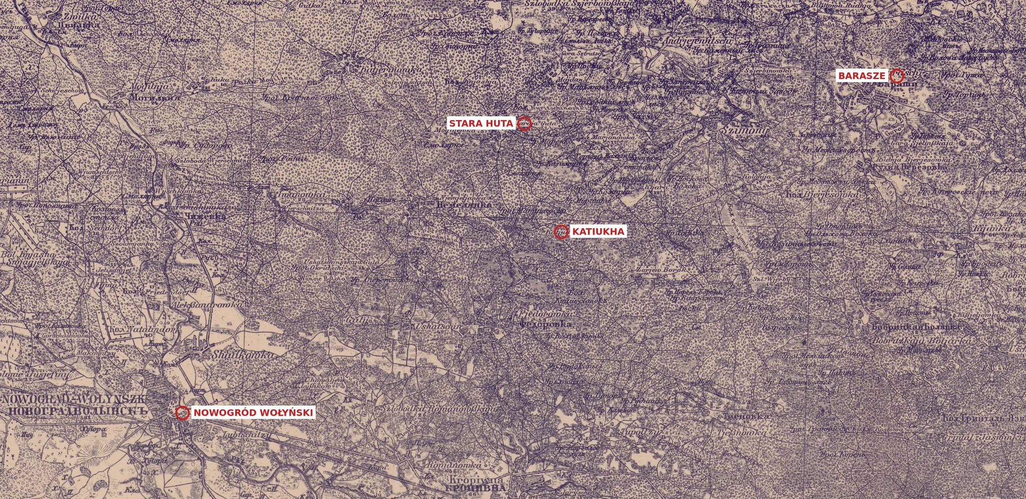 Detail from a 1916 German General Staff survey map of the Nowograd Wolyńsk sheet, annotated with Nowogród Wołyński, Katiukha, Stara Huta and Barasze.