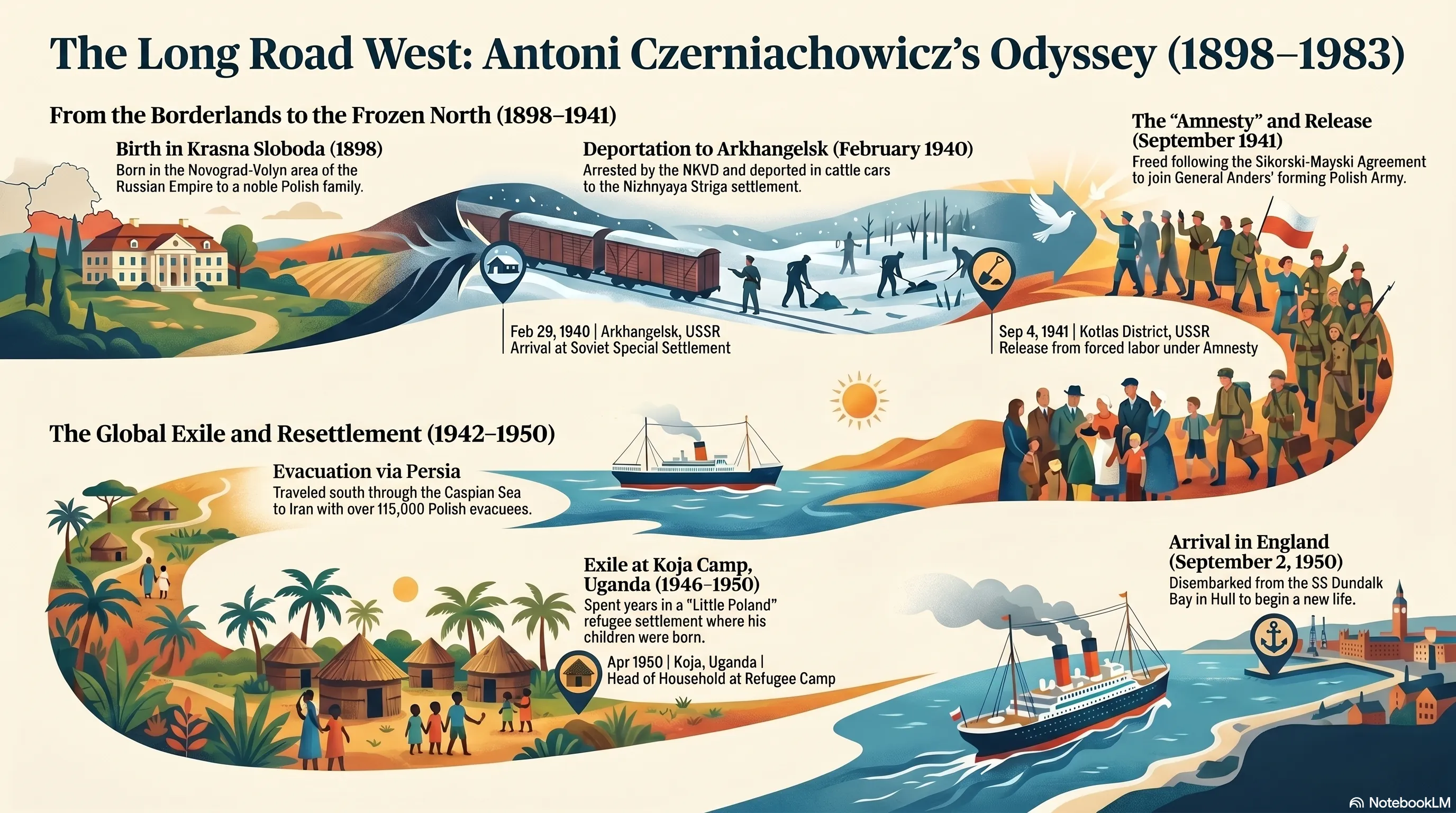 Infographic tracing Antoni Czerniachowicz’s life journey: from Krasna Słoboda in Volhynia, north to Arkhangelsk under Soviet deportation, south through Persia, to the Koja refugee camp in Uganda, and finally to England.
