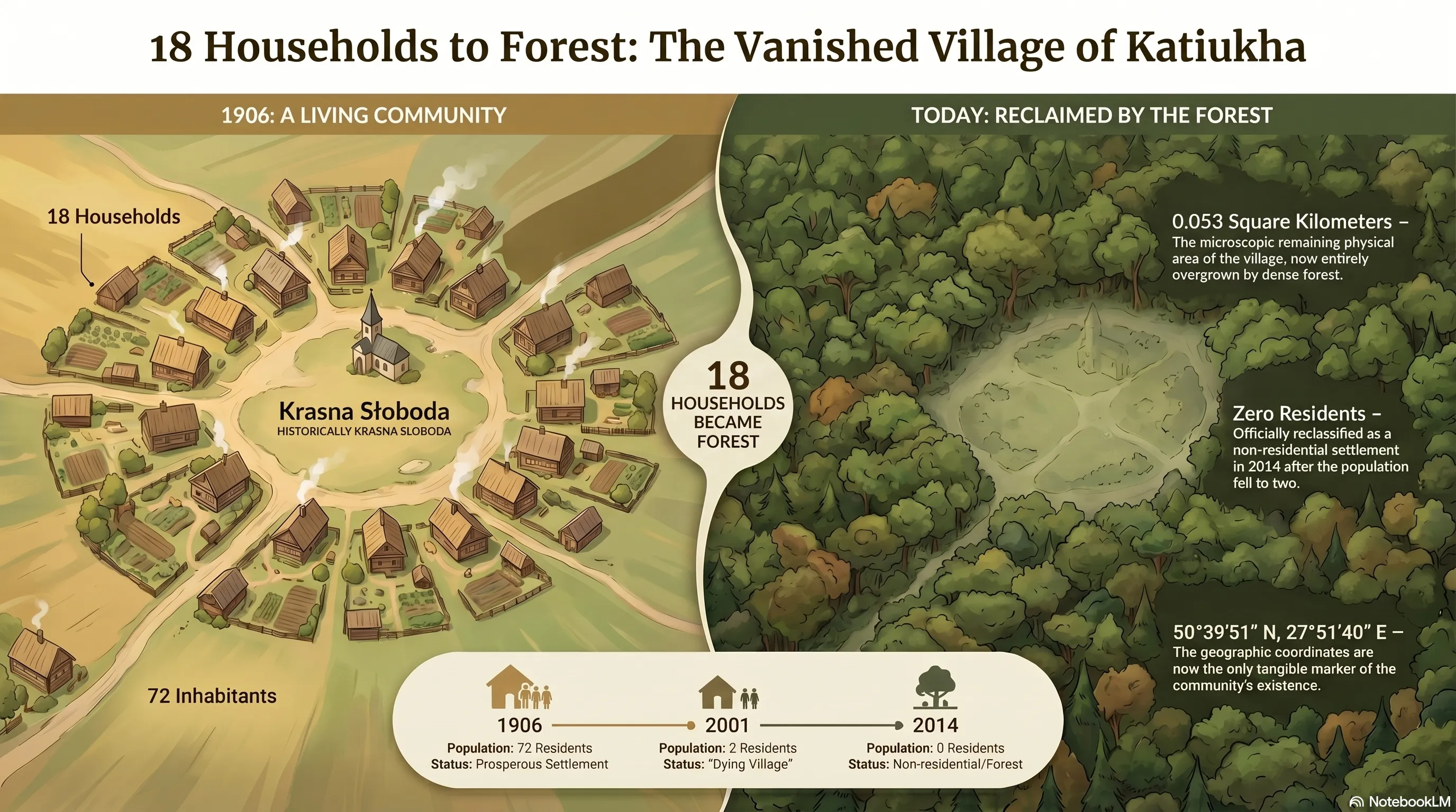 Infographic titled '18 Households to Forest: The Vanished Village of Katiukha'. Left: an illustration of Krasna Słoboda in 1906 as a ring of eighteen homesteads around a central church. Right: a present-day satellite view of the same site, almost entirely reclaimed by forest. A timeline below shows 1906: 72 residents, prosperous; 2001: 2 residents, dying village; 2014: 0 residents, non-residential settlement.