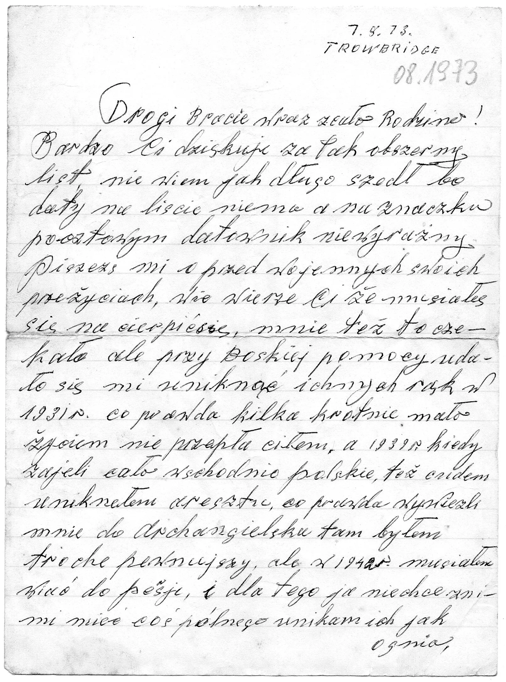 A handwritten Polish letter from Antoni Czerniachowicz to his cousin Bolesław, dated 7 August 1973 in Trowbridge.