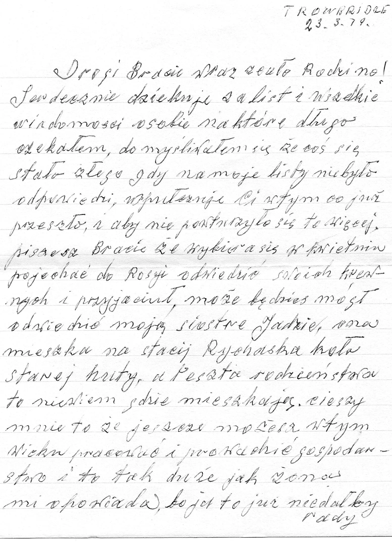 A handwritten Polish letter from Antoni Czerniachowicz to his cousin Bolesław, dated 23 March 1979 in Trowbridge.