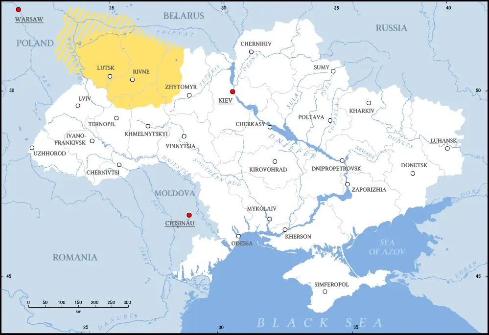 Map of modern Ukraine with the historical region of Volhynia shaded yellow in the north-west, around Lutsk and Rivne, between Poland and the Dnieper.
